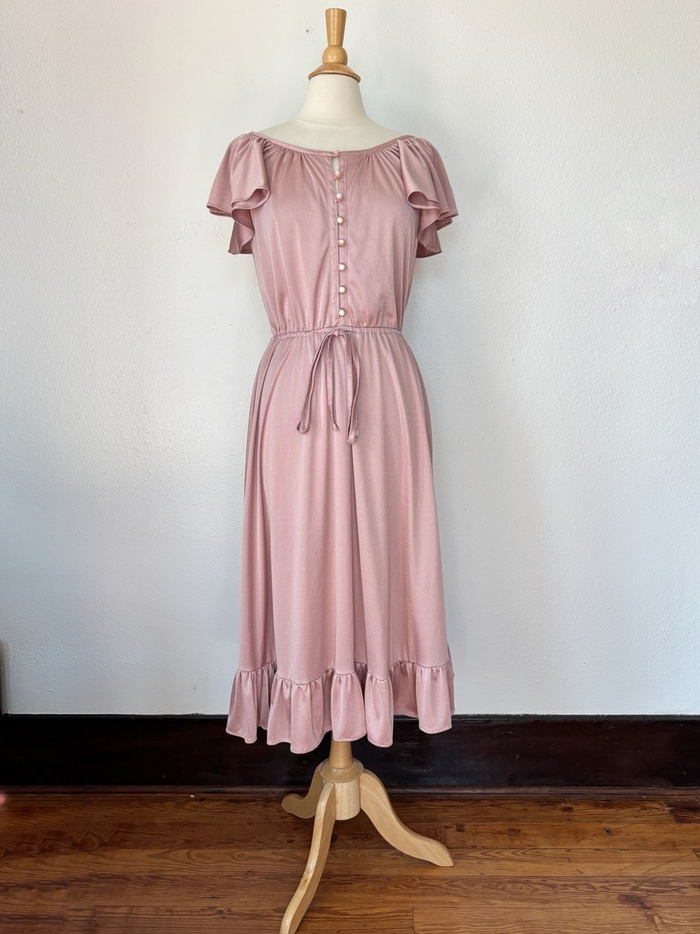 Vintage 70s Cottagecore Prairie Mauve Pink Romantic Ruffle Midi Dress